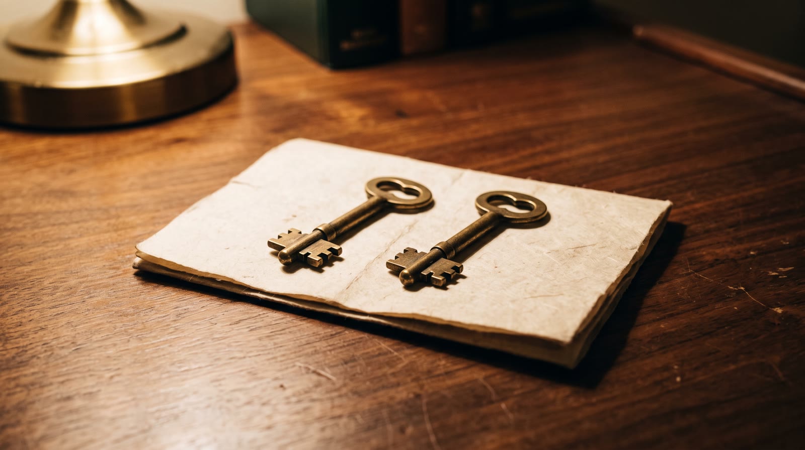 Two brass keys resting side by side on a folded document on a walnut desk