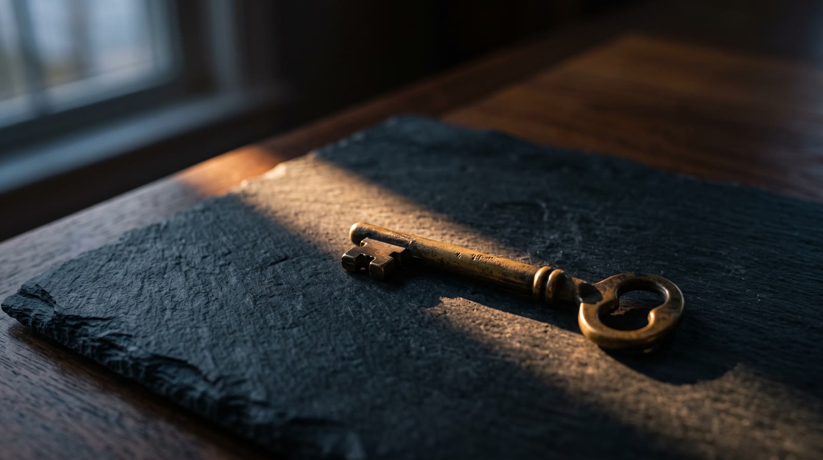 A single brass key resting on a slate surface in warm window light