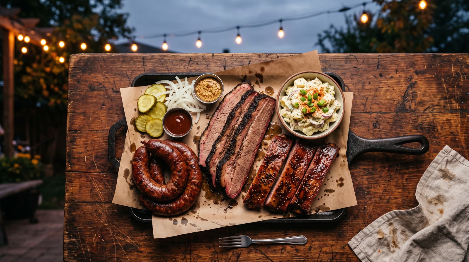 A cast iron platter of sliced smoked brisket, ribs, sausage, and potato salad on butcher paper under string lights.
