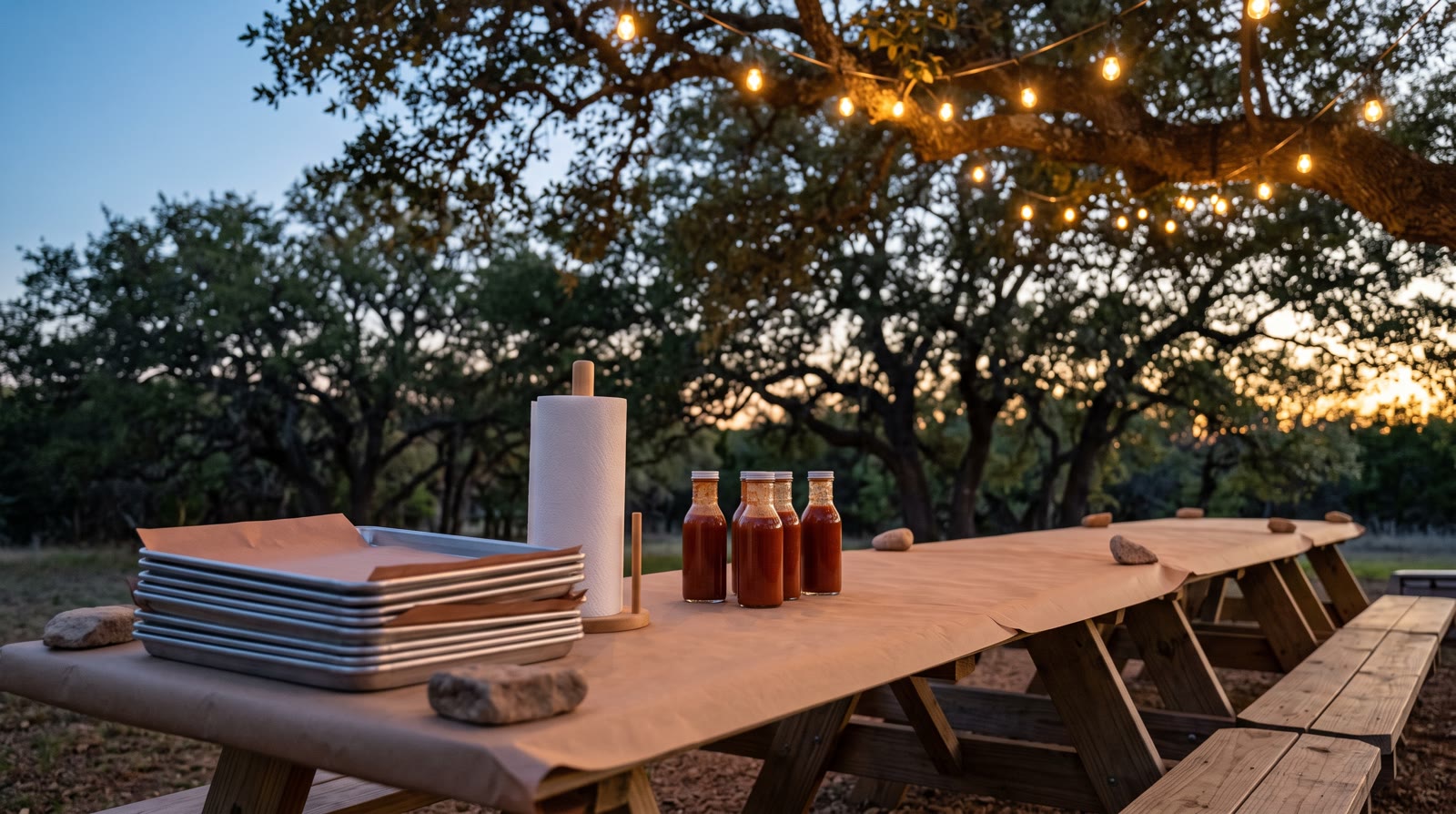 A long wooden picnic table under string lights, set with plain trays and sauce bottles, empty and waiting for a crowd.