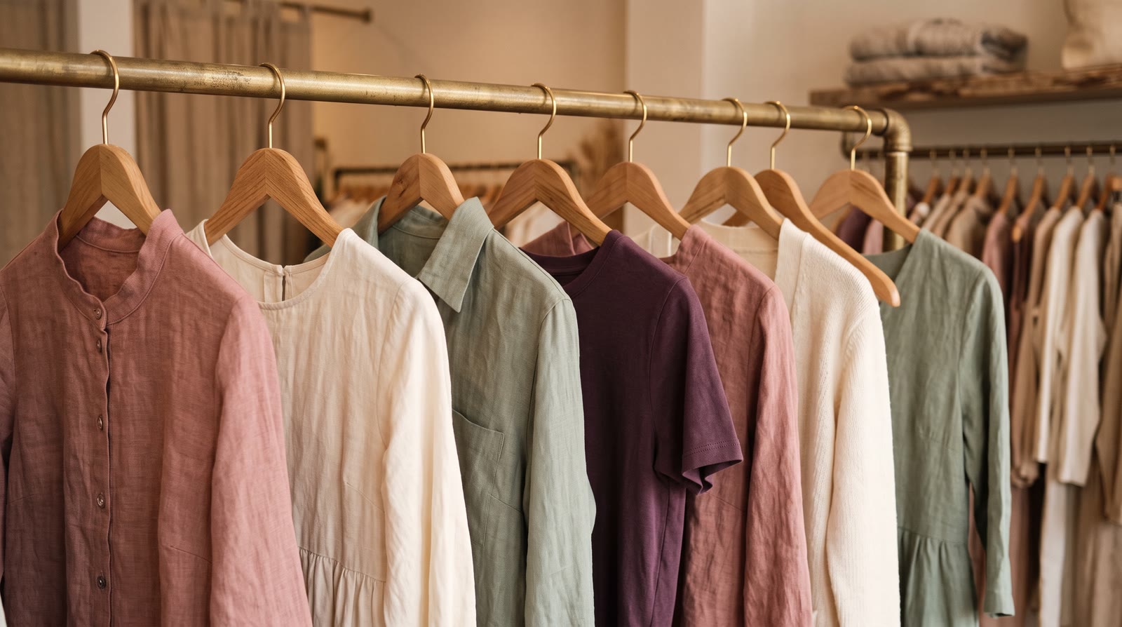 A boutique clothing rack with linen and cotton pieces in dusty rose, cream, sage, and plum on wooden hangers.