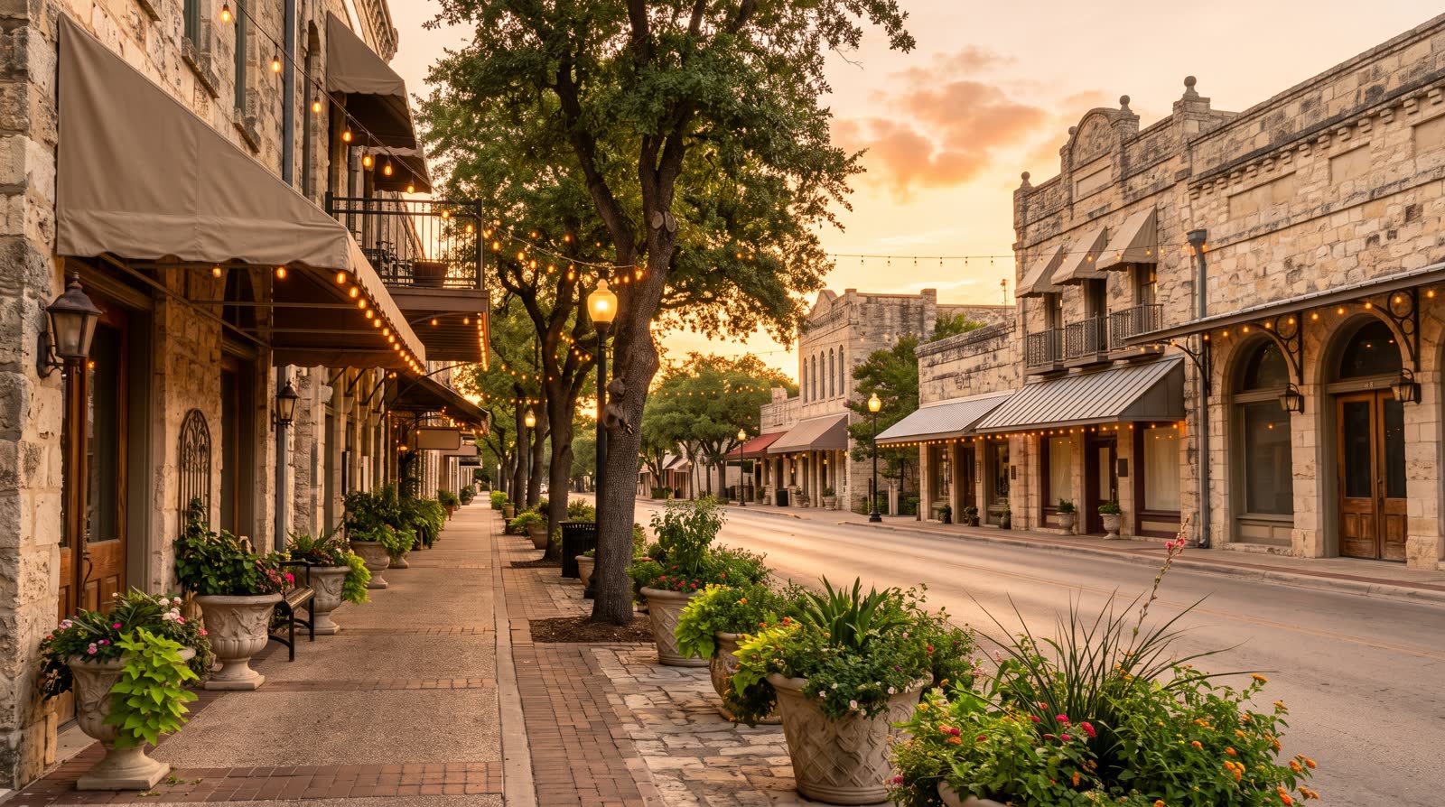 A quiet small-town Texas main street at golden hour with limestone storefronts, awnings, and string lights.