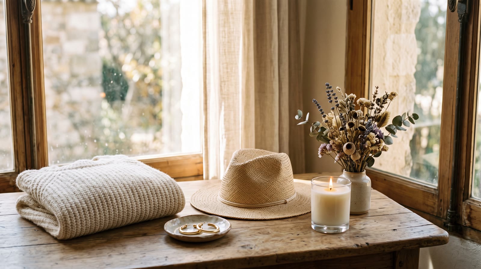 A boutique display table with a folded sweater, gold hoop earrings, a straw hat, and a candle in warm window light.